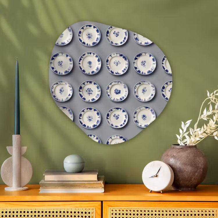 Borden - Bloemen - Blauw - Wit Wandcirkel Organisch Aluminium middel 851 -sfeer2