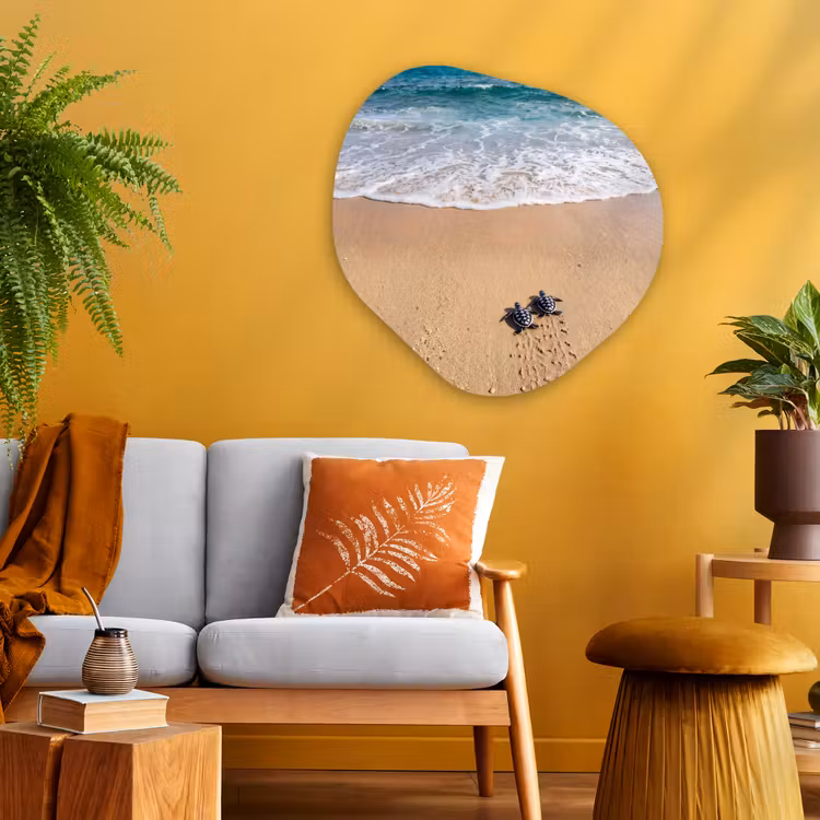 Schildpad - Jong - Strand - Oceaan - Blauw Wandcirkel Organisch Aluminium middel -sfeer4