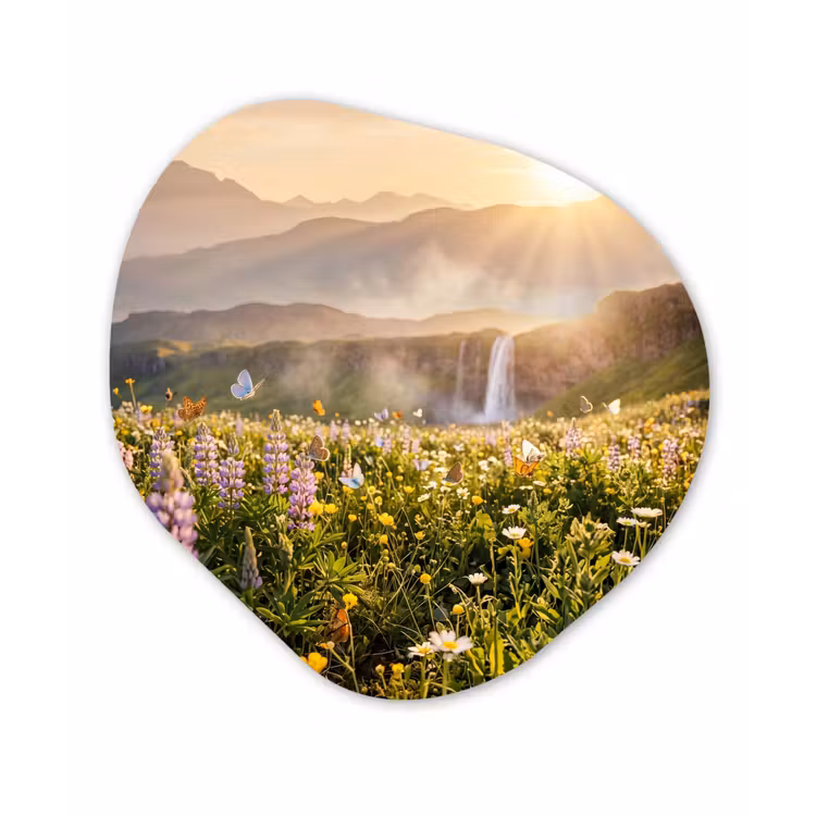 Vlinders - Waterval - Bloemenveld Wandcirkel Organisch Aluminium middel -3d