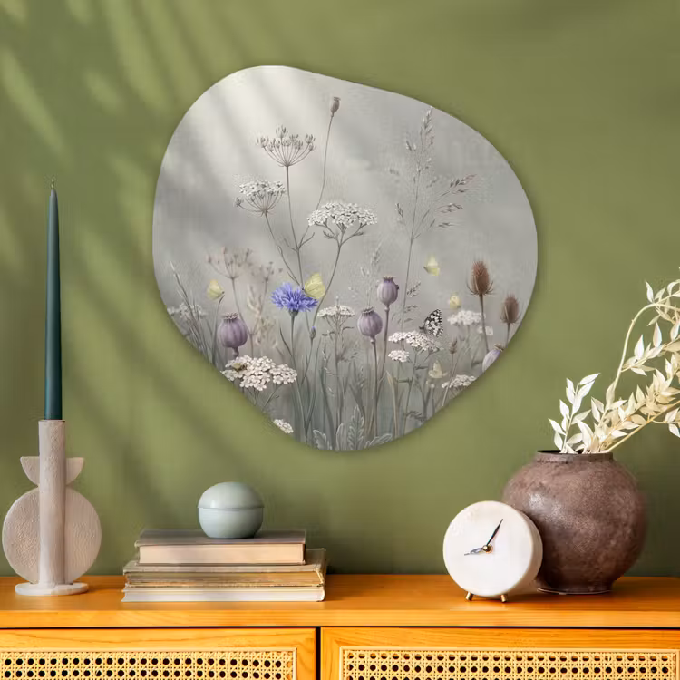 Vlinders - Wildbloemen - Illustratie - Kleurrijk Wandcirkel Organisch Aluminium middel -sfeer2