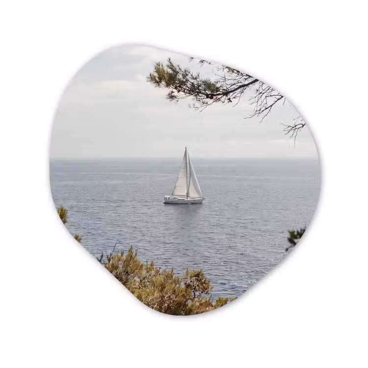 Alu-Dibond-Bild Organische Form - Segelboot – Bäume – Wasser — 1