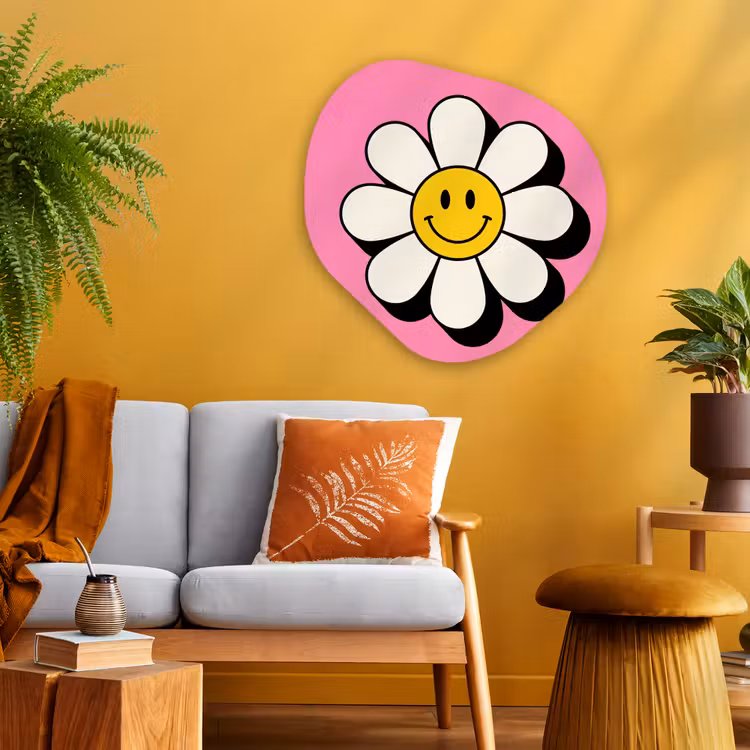 Smiley - Bloem - Roze Wandcirkel Organisch Aluminium middel -sfeer4
