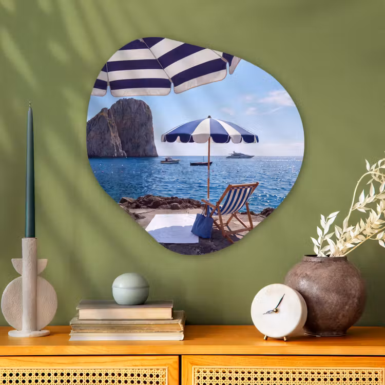 Strand - Ligstoel - Parasol - Zomer - Blauw Wandcirkel Organisch Aluminium middel -sfeer2