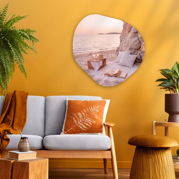Strand - Picknick - Zonsondergang - Zomer - Natuur Wandcirkel Organisch Aluminium middel -sfeer4