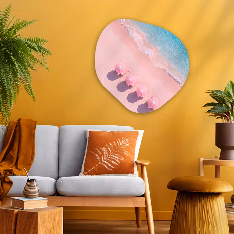 Strand - Roze zand - Zee - Zomer - Natuur Wandcirkel Organisch Aluminium middel -sfeer4