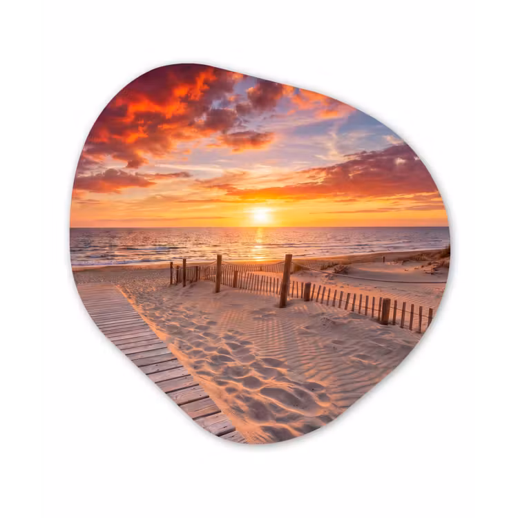 Strand - Zonsondergang - Zee - Natuur - Oranje Wandcirkel Organisch Aluminium middel -3d