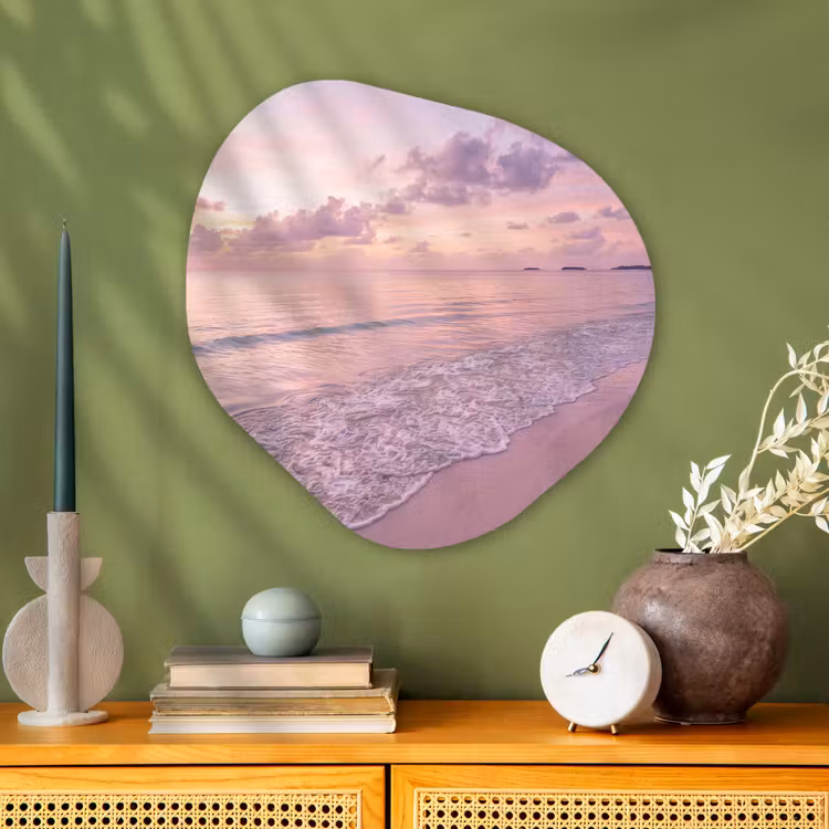 Strand - Zonsondergang - Natuur - Minimalistisch - Roze Wandcirkel Organisch Aluminium middel -sfeer2