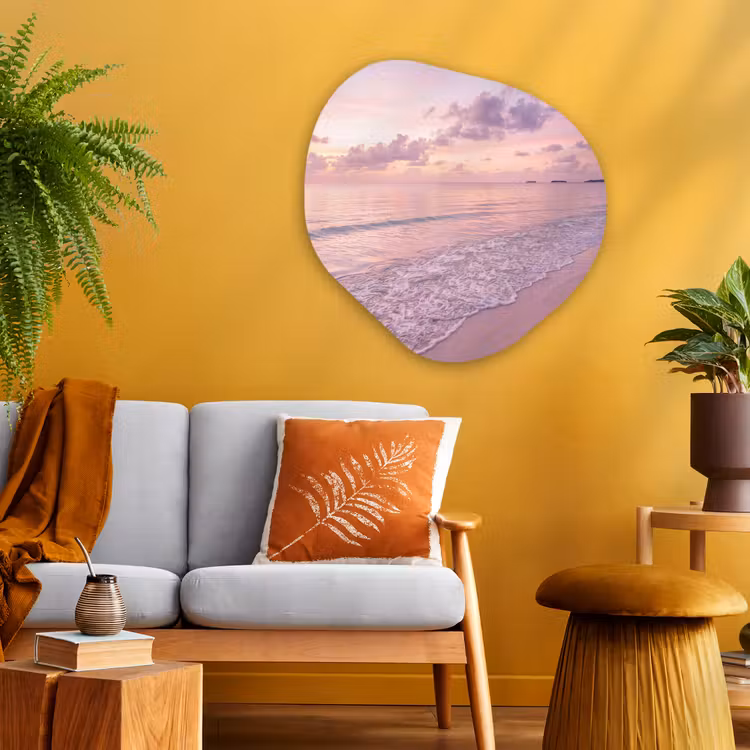 Strand - Zonsondergang - Natuur - Minimalistisch - Roze Wandcirkel Organisch Aluminium middel -sfeer4
