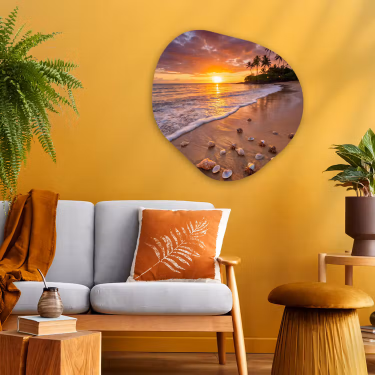 Strand - Zonsondergang - Palmbomen - Natuur - Oranje Wandcirkel Organisch Aluminium middel -sfeer4