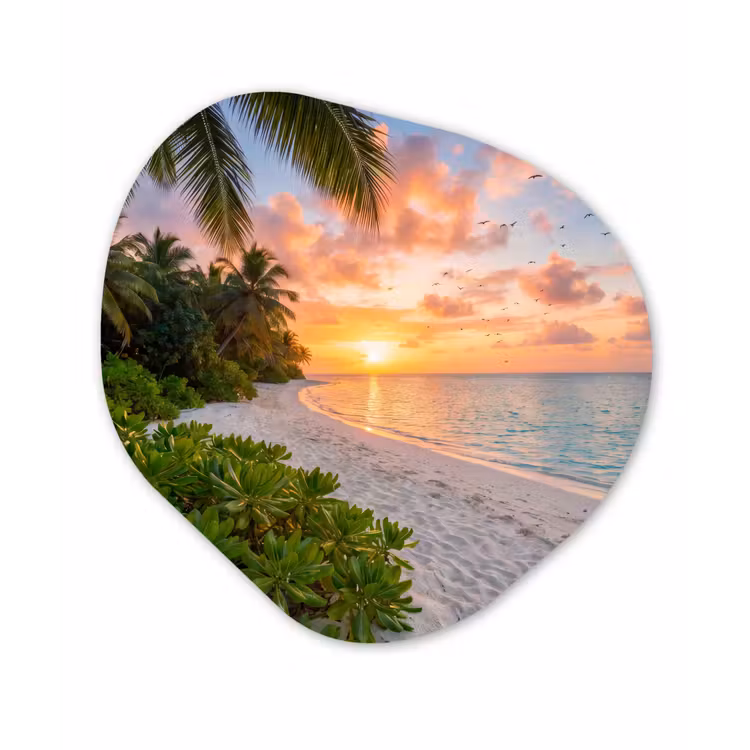 Strand - Zonsondergang - Palmbomen - Tropisch - Natuur Wandcirkel Organisch Aluminium middel -3d