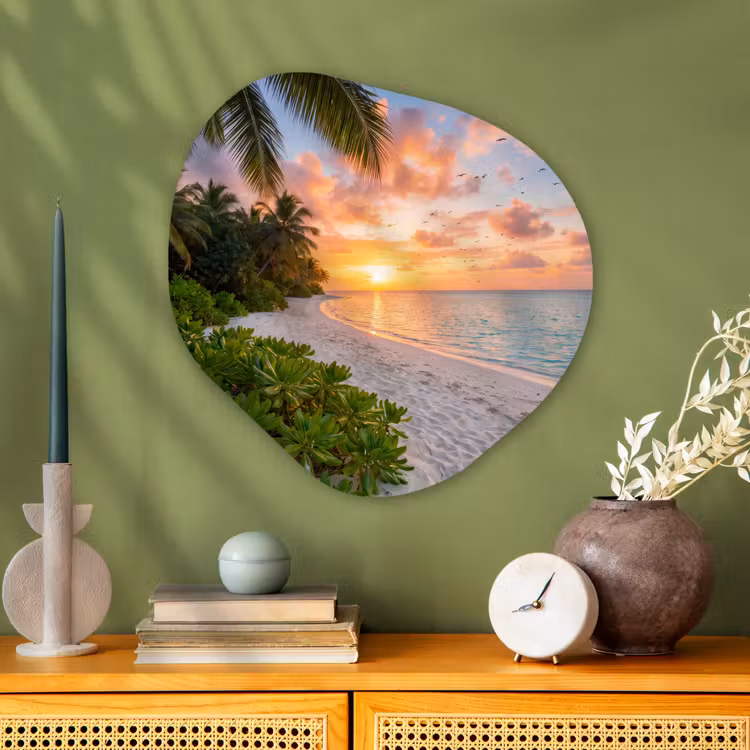Strand - Zonsondergang - Palmbomen - Tropisch - Natuur Wandcirkel Organisch Aluminium middel -sfeer2