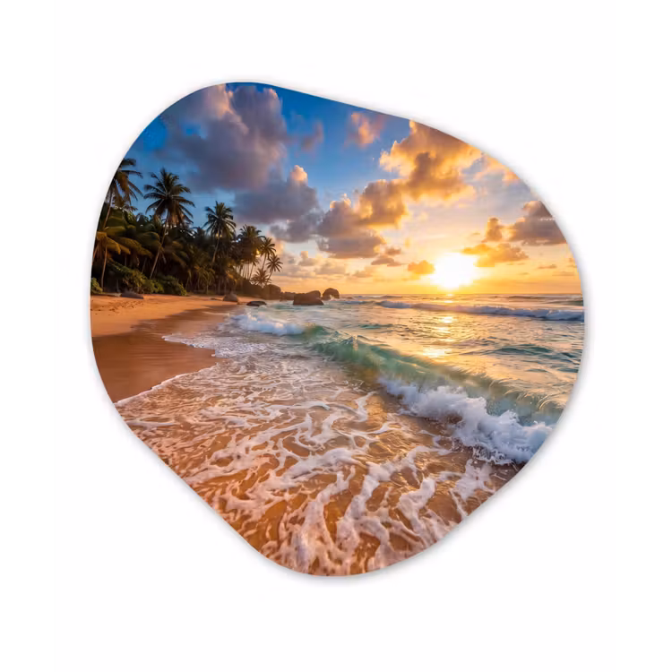 Strand - Zonsondergang - Golven - Natuur - Goud Wandcirkel Organisch Aluminium middel -3d