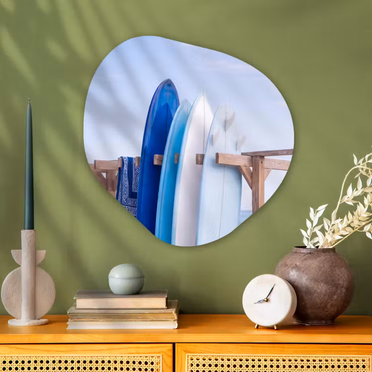 Surfplank - Strand - Zomer - Blauw - Water Wandcirkel Organisch Aluminium middel -sfeer2