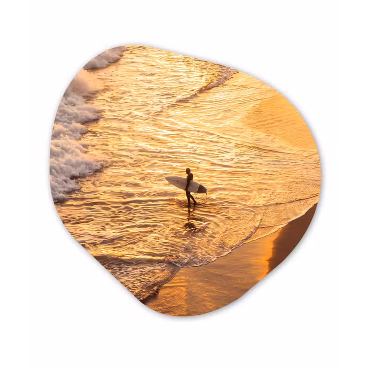 Surfer - Strand - Zonsondergang - Oceaan - Goud Wandcirkel Organisch Aluminium middel -3d