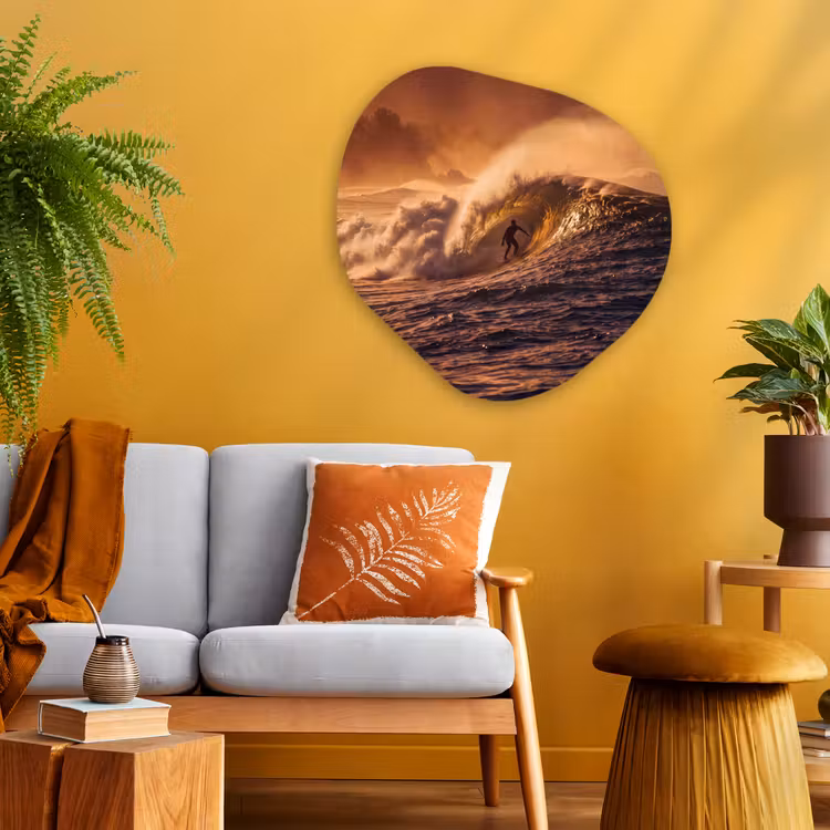 Surfer - Golf - Oceaan - Sport - Oranje Wandcirkel Organisch Aluminium middel -sfeer4