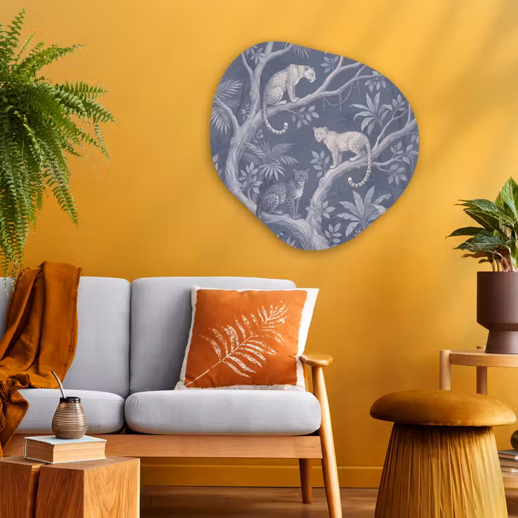 Dieren - Jungle - Illustratie - Bomen - Blauw Wandcirkel Organisch Aluminium middel -sfeer4