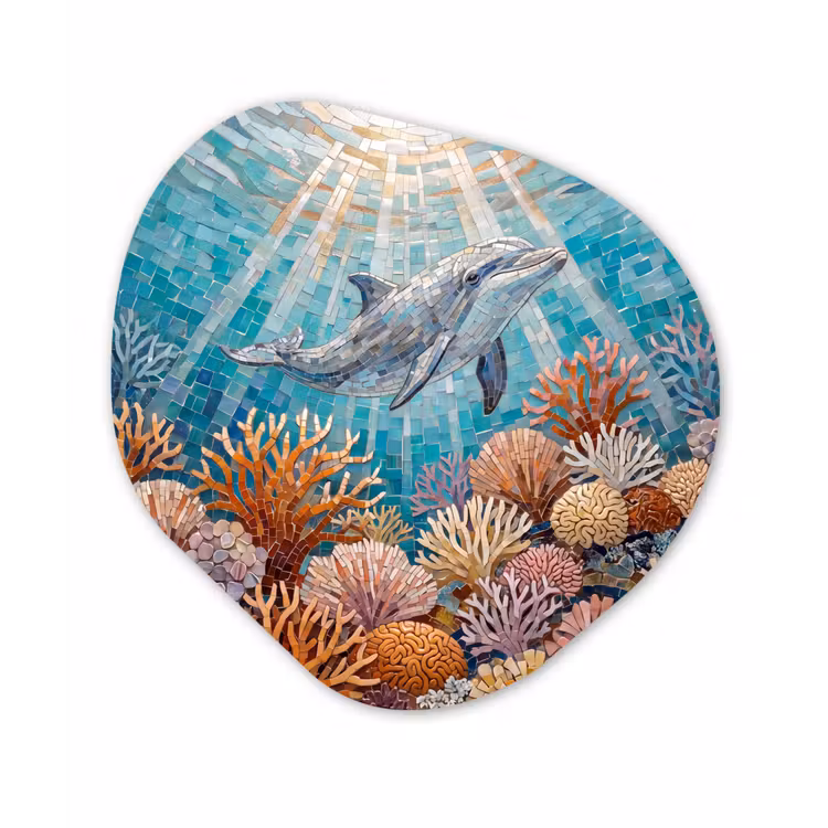 Dieren - Mozaïek - Oceaan - Koraal - Blauw Wandcirkel Organisch Aluminium middel -3d