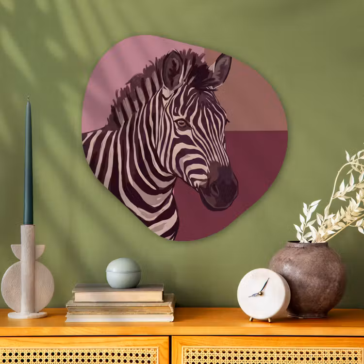 Dieren - Zebrahoofd - Wildlife - Modern - Bruin Wandcirkel Organisch Aluminium middel -sfeer2
