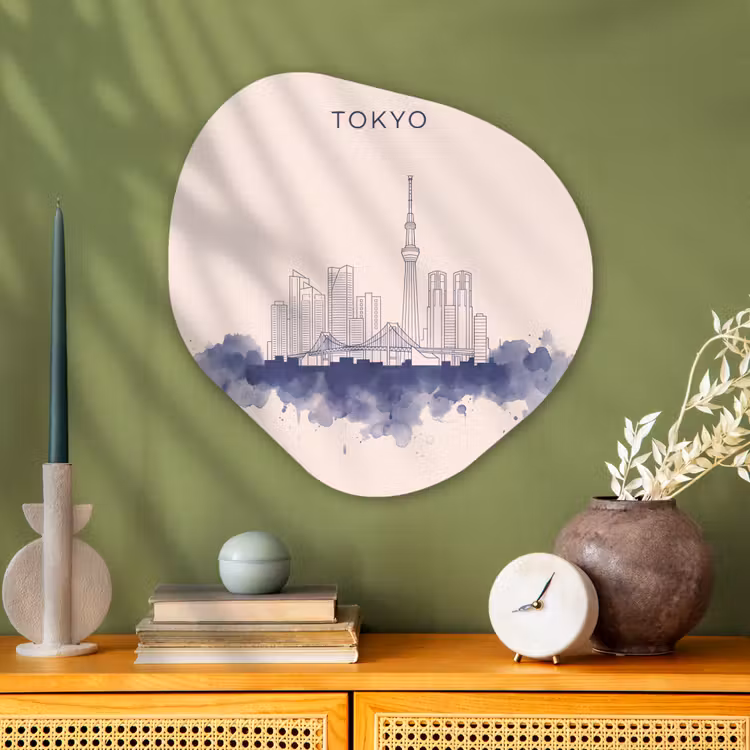 Tokyo - Skyline - Stad - Abstract - Blauw Wandcirkel Organisch Aluminium middel -sfeer2