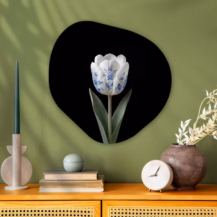Tulp - Patroon - Blauw Wandcirkel Organisch Aluminium middel -sfeer2