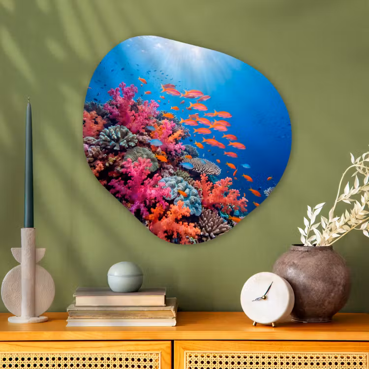 Onderwater - Koraalrif - Vissen - Oceaan - Natuur Wandcirkel Organisch Aluminium middel -sfeer2