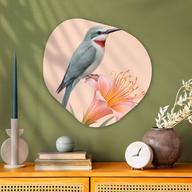 Vogel - Bloem - Natuur - Roze Wandcirkel Organisch Aluminium middel -sfeer2