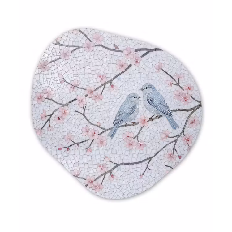 Vogel - Bloemen - Natuur - Mozaïek - Roze Wandcirkel Organisch Aluminium middel -3d