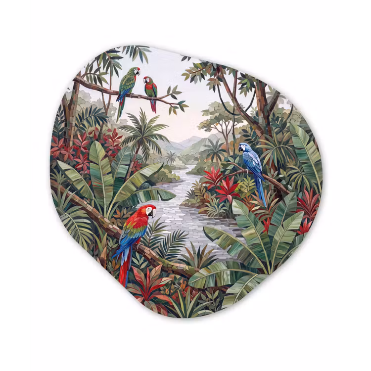 Vogel - Jungle - Natuur - Mozaïek - Groen Wandcirkel Organisch Aluminium middel -3d