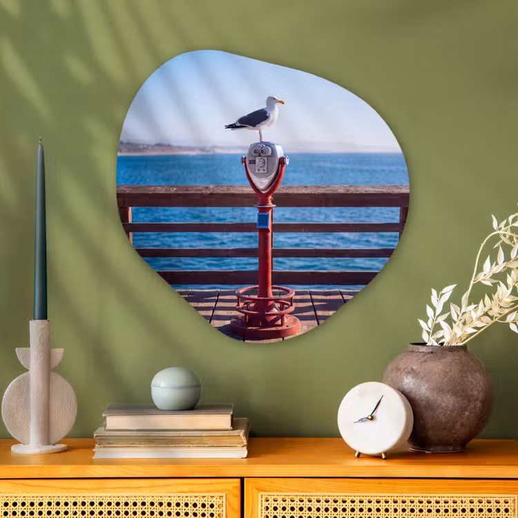 Vogel - Verrekijker - Kust - Zee - Blauw Wandcirkel Organisch Aluminium middel -sfeer2