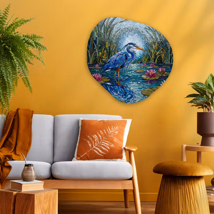Vogel - Water - Natuur - Abstract - Blauw Wandcirkel Organisch Aluminium middel -sfeer4