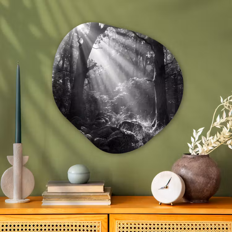 Bos - Lichtstralen - Natuur - Zwart-wit Wandcirkel Organisch Aluminium middel -sfeer2