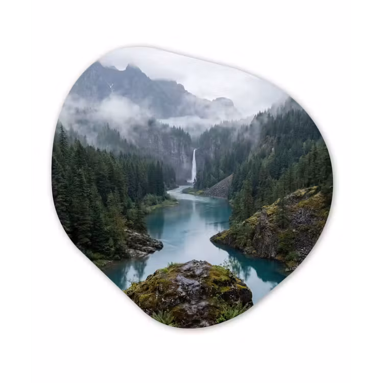 Waterval - Bomen - Bergen Wandcirkel Organisch Aluminium middel -3d