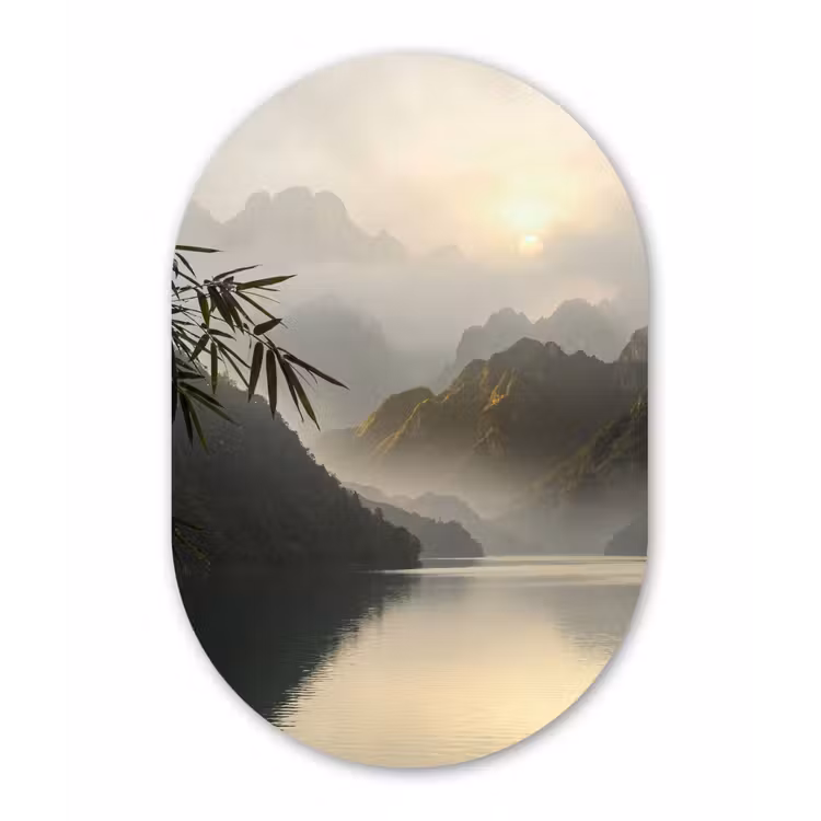 Bergen - Water - Mist - Natuur - Landschap Wandcirkel Ovaal Aluminium middel -3d