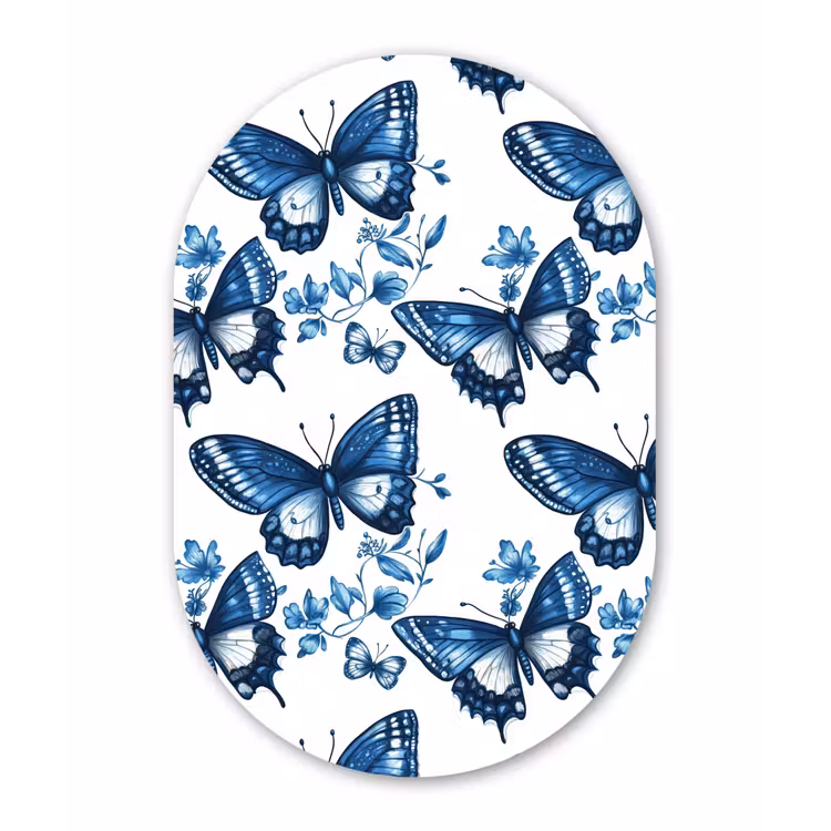 Blauw - Vlinders - Bloemen - Wit Wandcirkel Ovaal Aluminium middel 839 -3d
