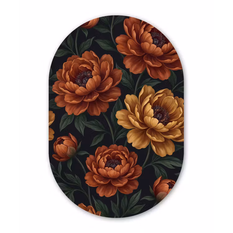 Bloemen - Bladeren - Natuur - Modern - Oranje Wandcirkel Ovaal Aluminium middel -3d