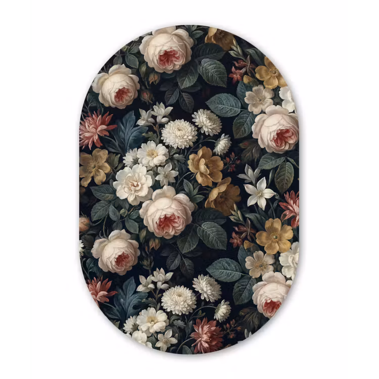 Bloemen - Boeket - Botanisch - Vintage - Donkere achtergrond Wandcirkel Ovaal Aluminium middel -3d