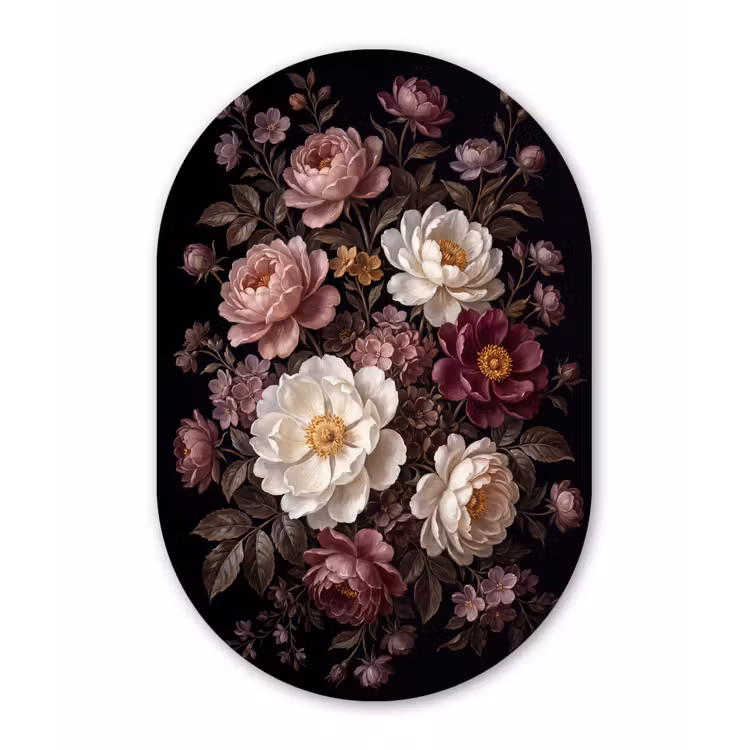 Bloemen - Boeket - Klassiek - Donker - Rood Wandcirkel Ovaal Aluminium middel -3d