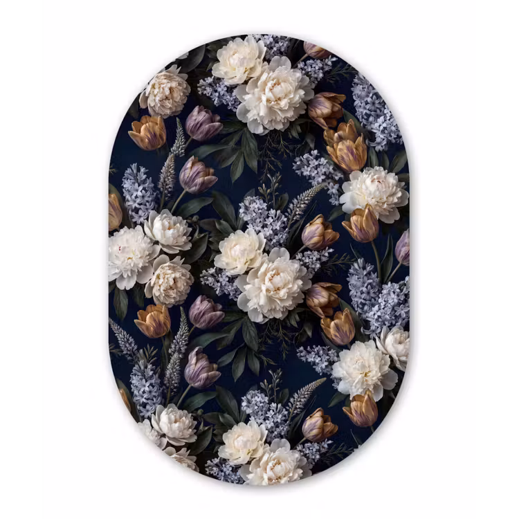 Bloemen - Donker - Elegant - Natuur - Wit Wandcirkel Ovaal Aluminium middel -3d