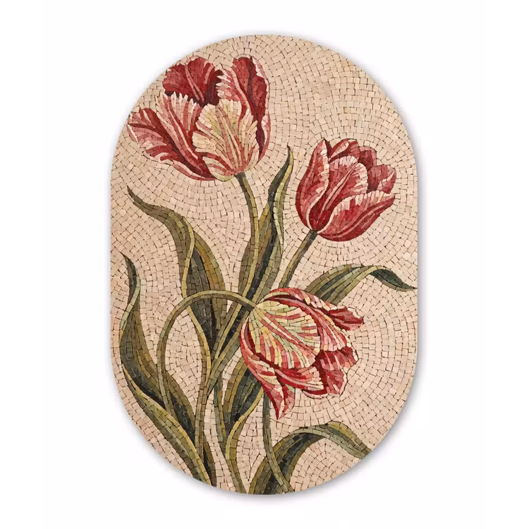 Bloemen - Mozaïek - Rood - Groen - Kunst Wandcirkel Ovaal Aluminium middel -3d