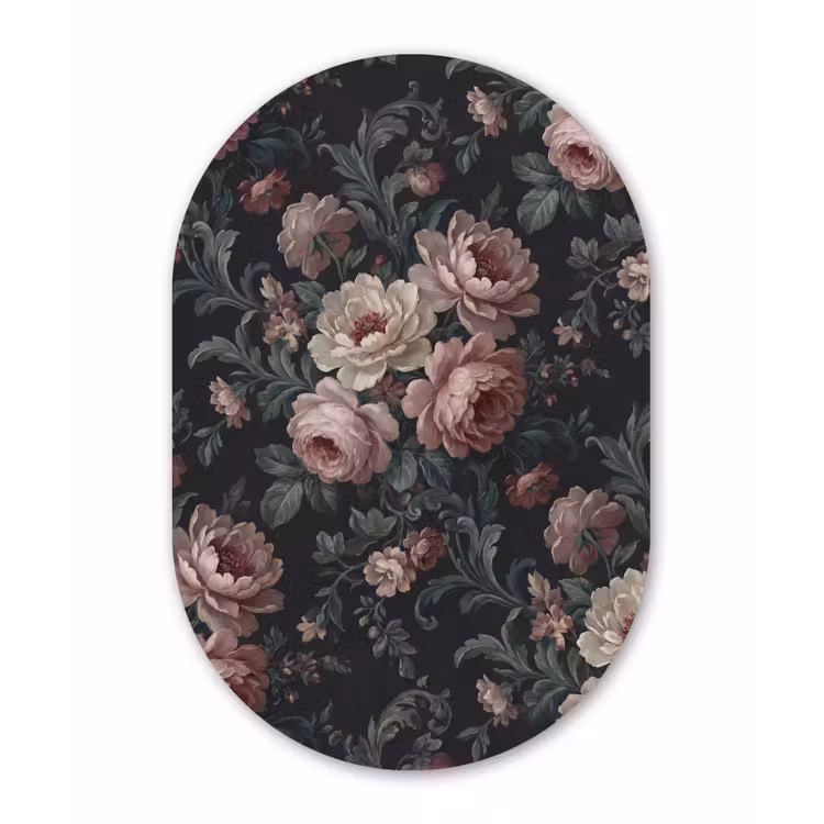 Bloemen - Patroon - Sierlijk - Roze - Donker Wandcirkel Ovaal Aluminium middel -3d