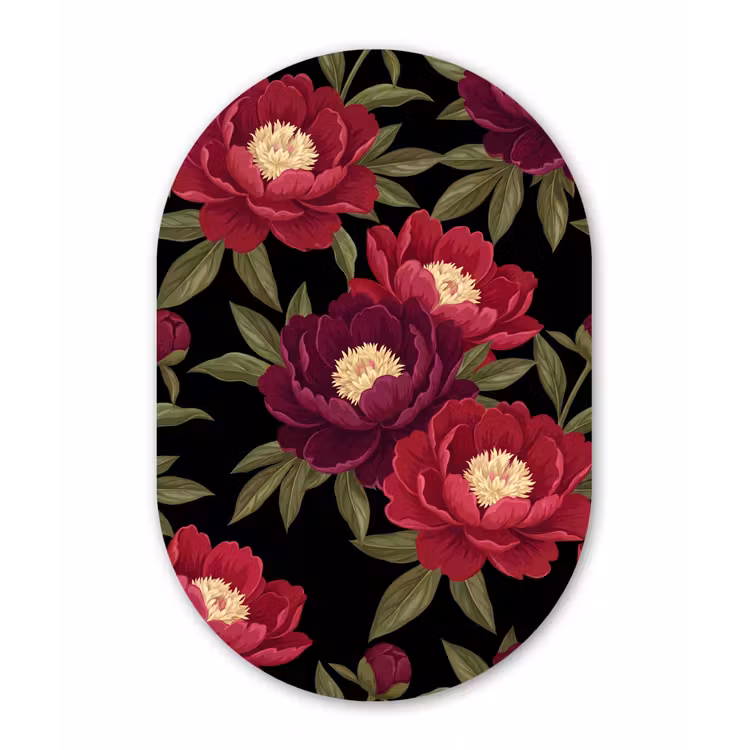 Bloemen - Patroon - Botanisch - Rood - Zwart Wandcirkel Ovaal Aluminium middel -3d