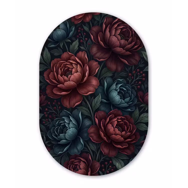 Bloemen - Patroon - Natuur - Klassiek - Donker Wandcirkel Ovaal Aluminium middel -3d