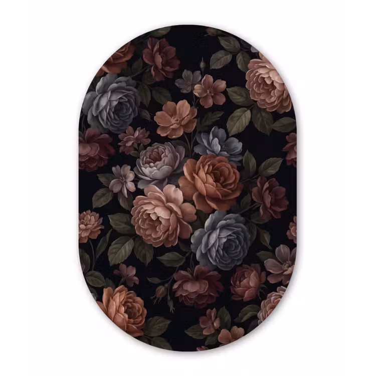 Bloemen - Patroon - Vintage - Donker - Roze Wandcirkel Ovaal Aluminium middel -3d