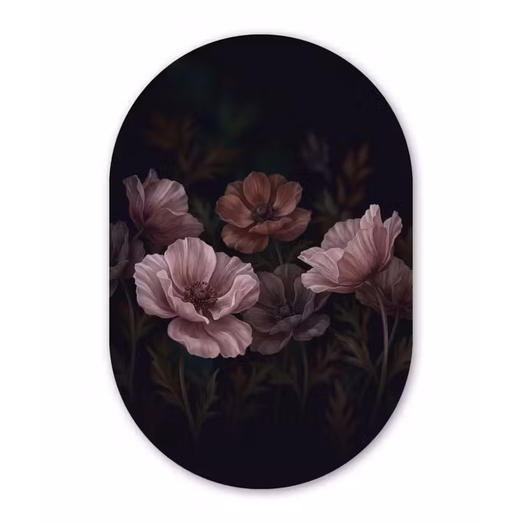 Bloemen - Natuur - Roze - Donker - Modern Wandcirkel Ovaal Aluminium middel -3d