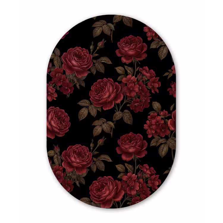 Bloemen - Roos - Patroon - Klassiek - Rood Wandcirkel Ovaal Aluminium middel -3d