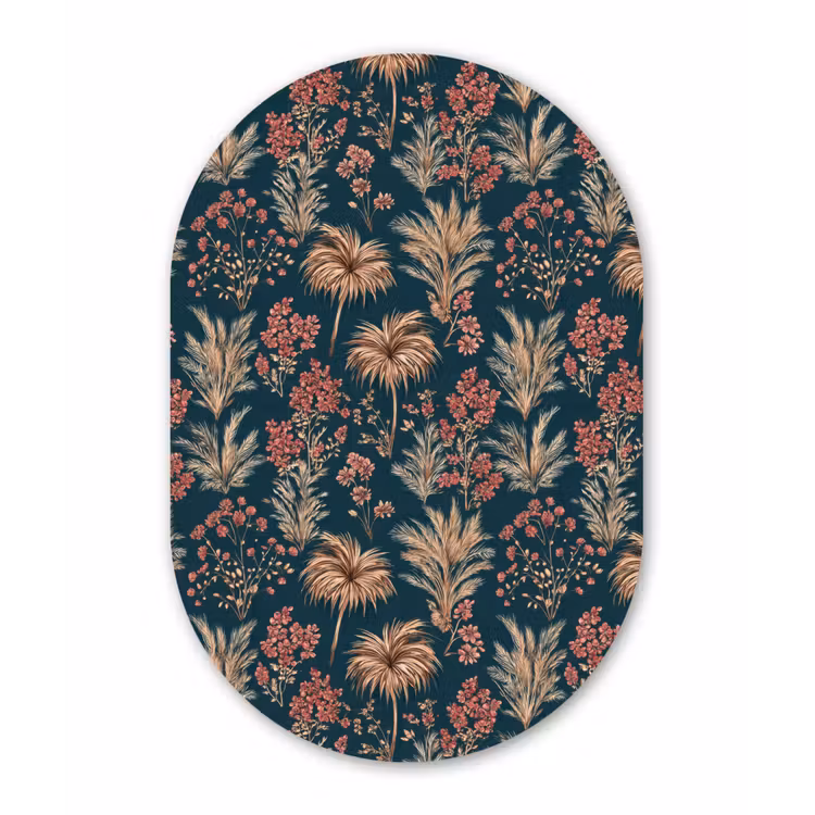 Botanisch - Patroon - Blauw Wandcirkel Ovaal Aluminium middel 839 -3d