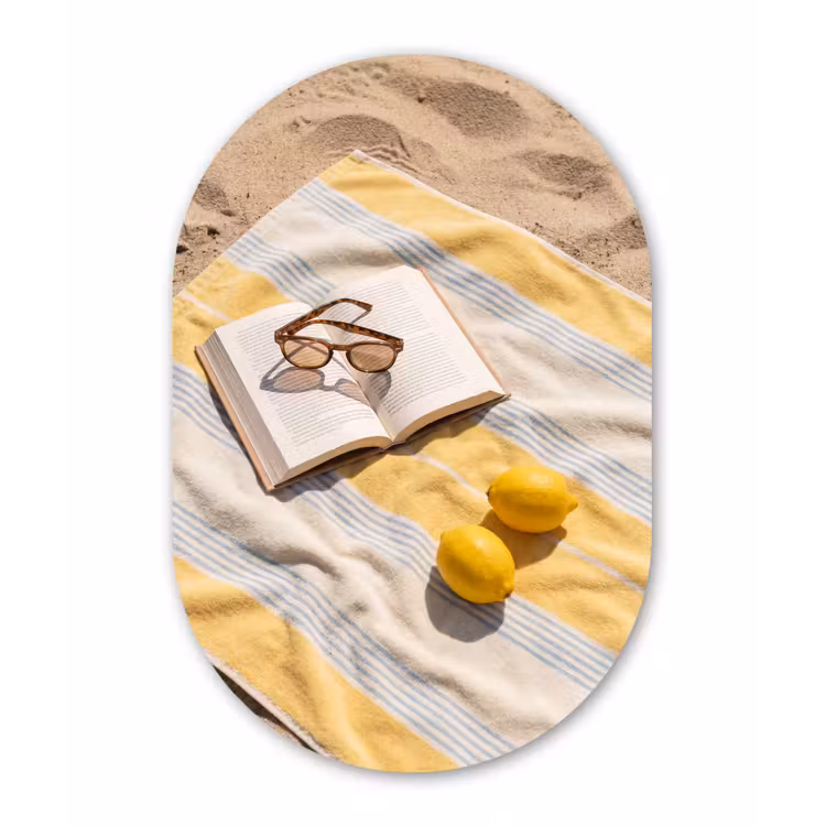 Boek - Zonnebril - Strand - Zomer - Geel Wandcirkel Ovaal Aluminium middel -3d