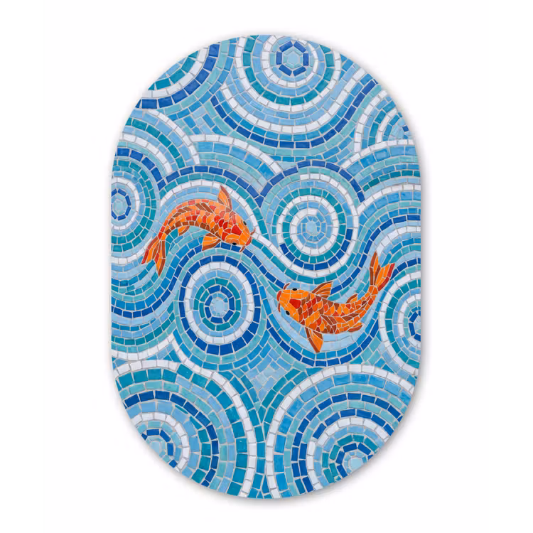 Vis - Mozaïek - Water - Decoratief - Blauw Wandcirkel Ovaal Aluminium middel -3d