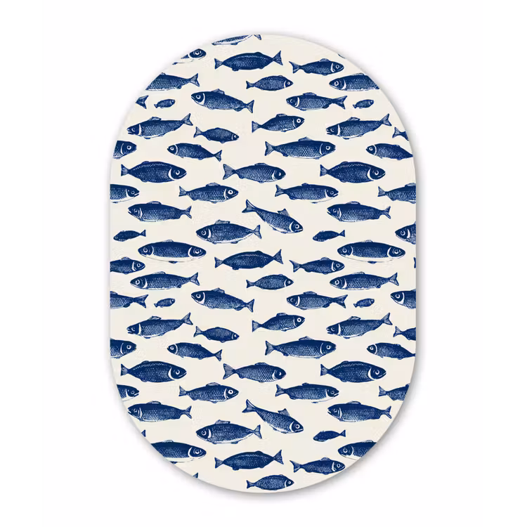Vissen - Patroon - Blauw - Wit Wandcirkel Ovaal Aluminium middel 839 -3d