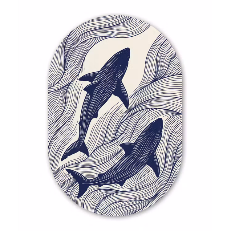 Vis - Oceaan - Lijntekening - Blauw - Dieren Wandcirkel Ovaal Aluminium middel -3d